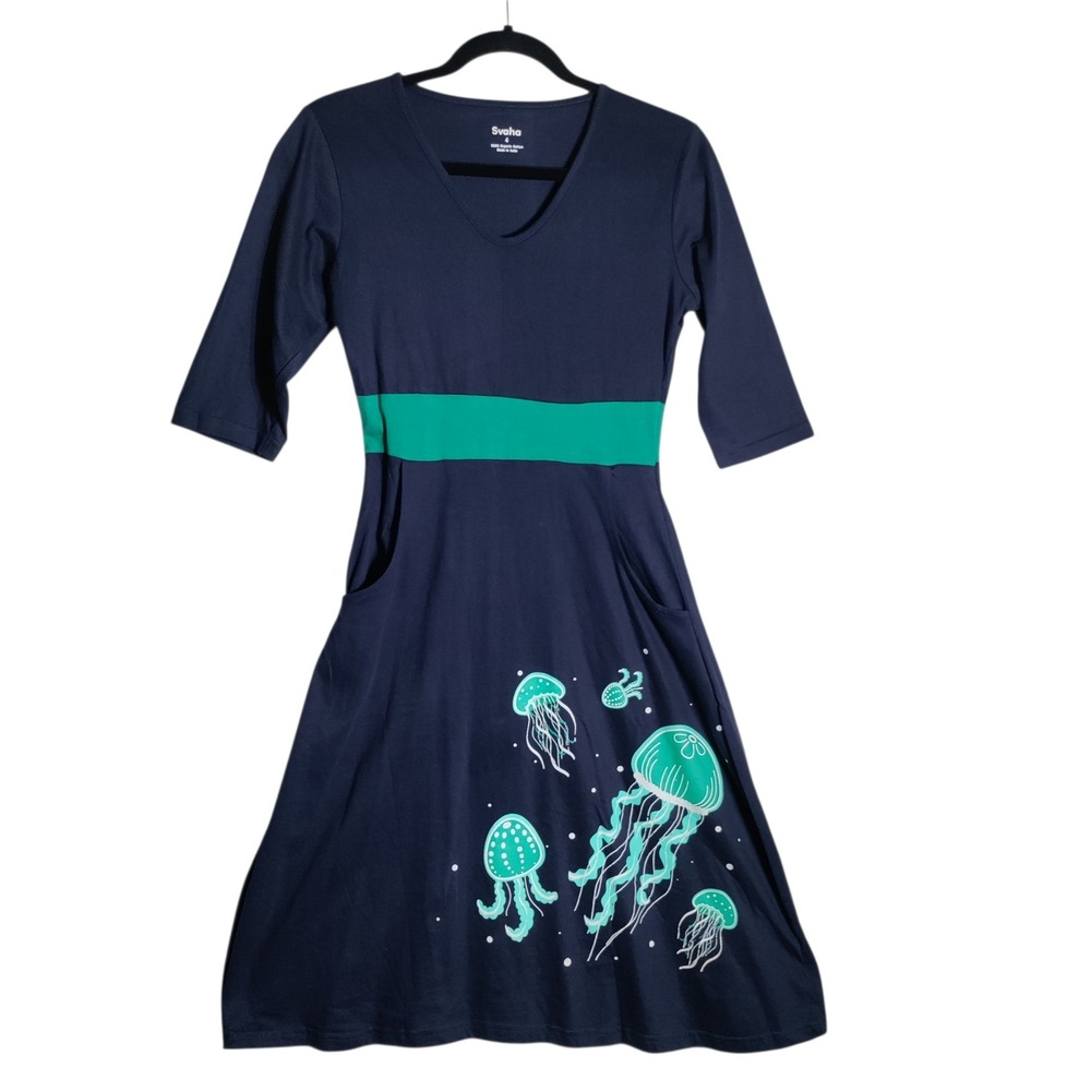 Svaha Navy Blue Jellyfish Organic Cotton V-Neck Pocket Dress Size 4 STEM